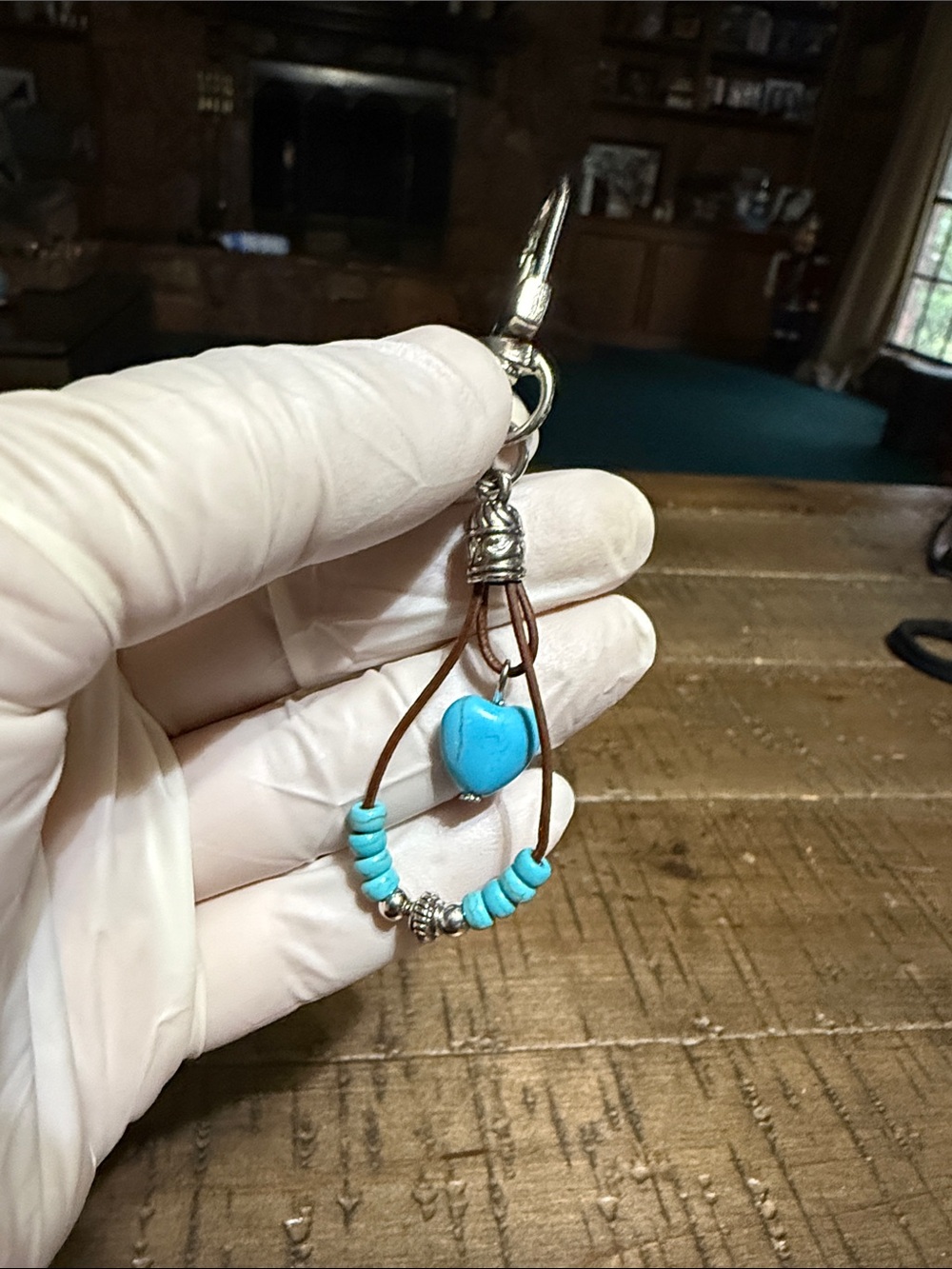 Turquoise Heart Bead Leather Keychain - Blue